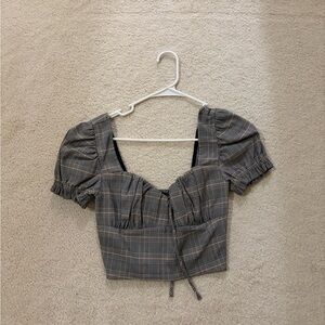 Forever 21 Gray Plaid Puff Sleeve Blouse